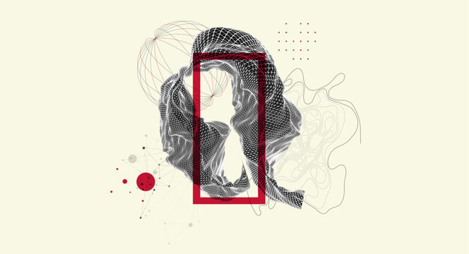 Abstract art composition with wireframe waves, geometric shapes, dots, and lines. Vector