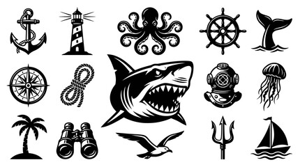 Naklejka premium Black and White Nautical Marine Icons Collection. Vector Sea and Ocean Themed Glyphs and Silhouette Elements for Maritime Design.