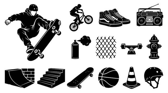 Urban Sports and Street Culture Black and White Silhouette Icons. Vector set of Extreme Skateboarding, BMX, and Youth Lifestyle Elements.