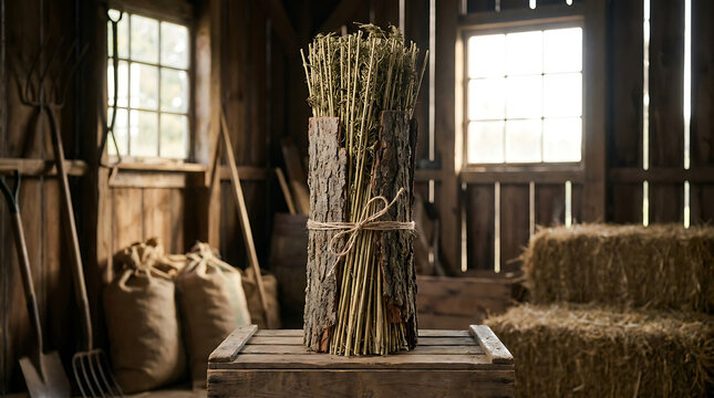 Rustic bundle of dried hemp stalks tied with twine, standing upright on a wooden crate inside a barn