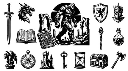 Obraz premium Fantasy RPG Game Elements Black and White Line Art Vector Icons Set for Medieval Adventure Design