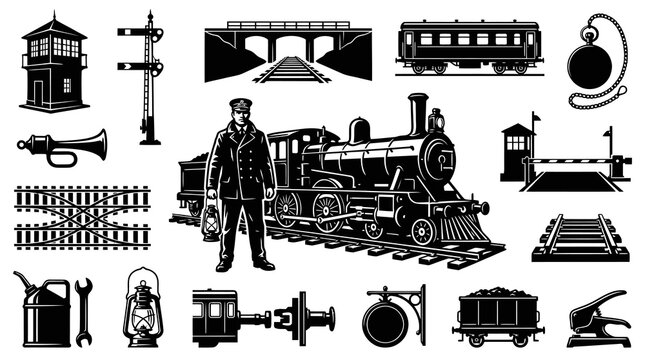 Black and White Railway Icons: Train, Station, Signals, Tools, and Engineer