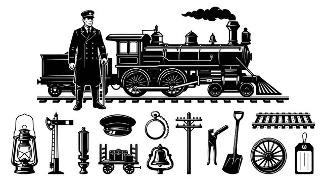 Vintage Train Conductor and Steam Locomotive Black and White Vector