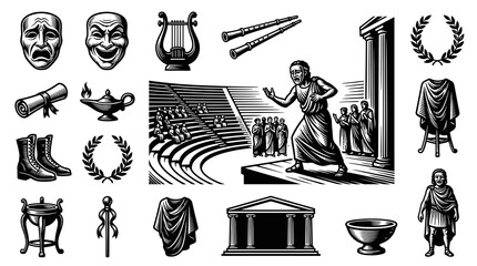 Obraz premium Ancient Greek Roman Culture Icons - Theatre, Philosophy, History - Black White Line Art