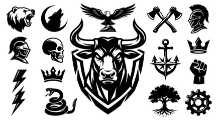 Fototapeta premium Bold Black White Vector Glyphs Set: Animal Mascots, Mythological Symbols, and Tools for Branding Design