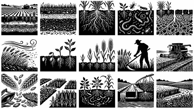 Agriculture Farming Illustrations: Soil Layers, Plant Growth, Farmer, Combine Harvester, Fields