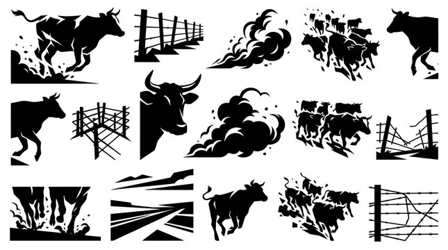 Ranching and Agriculture Cattle Silhouettes Collection: Dynamic Running Cows, Bulls, Farm Fences and Dust Vector Icons