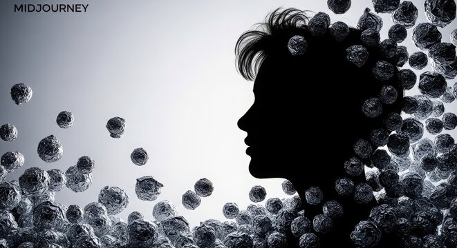 Conceptual silhouette of a human head profile, creative mind surrounded by crumpled paper balls, mental health and brainstorming concept