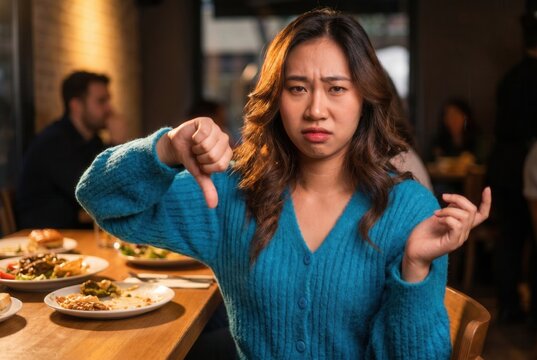 Unhappy customer giving a poor review for bad service or food in a restaurant