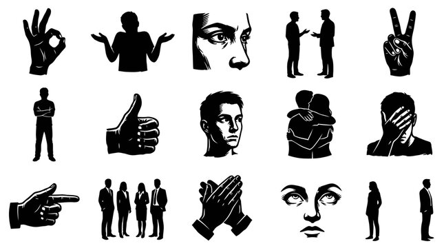 Black and White Icon Set: Gestures, Emotions, and Business People Illustrations