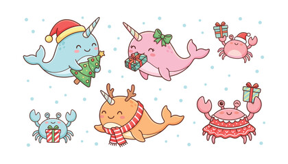 Set of Cute Winter-Themed Illustrations Featuring Narwhals, Crabs, Christmas Gifts, and Holiday Decorations for Seasonal Greetings. ©  AR Studio Company