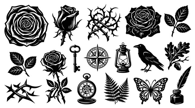 Black  White Line Art Illustrations Set: Gothic Vintage Design Elements including Roses, Crow, Key, Compass, Pocket Watch, Lantern, and Nature Symbols.