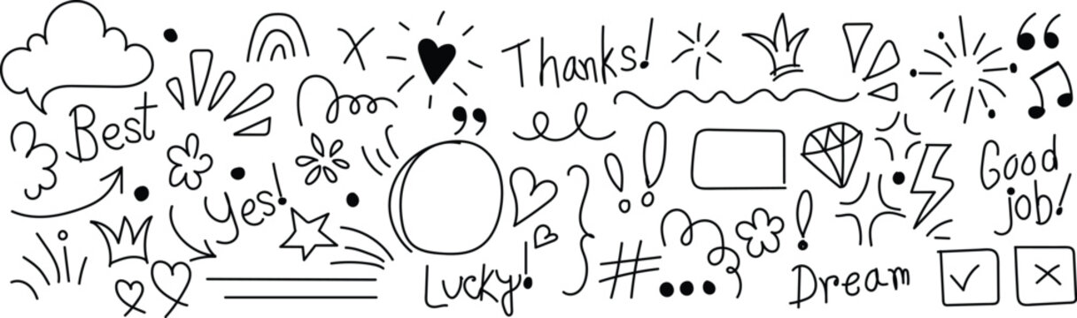 Hand-drawn doodle set with hearts, stars, crowns, speech bubbles, and motivational text phrases