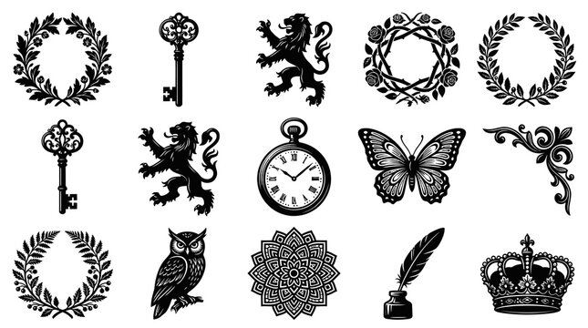 Monochrome Vector Vintage Decorative Elements Set. Black and White Glyph Collection of Heraldic Symbols, Fantasy Icons, and Ornate Emblems for Design.