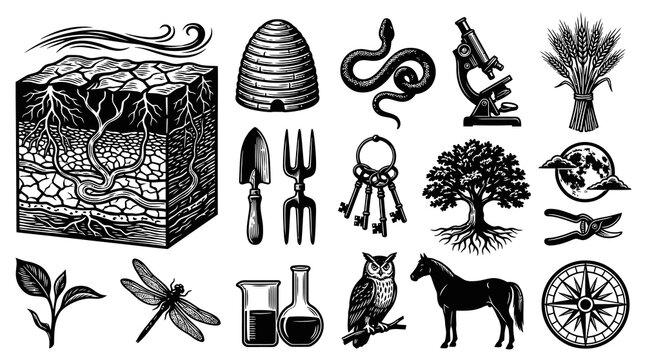 Black and White Line Art Icons: Science, Nature, Farming, and Animals Symbols
