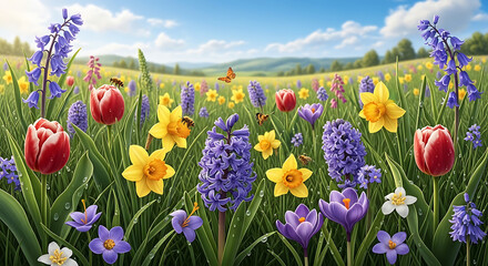 Obraz premium Spring Meadow with Blooming Tulips, Daffodils, Hyacinths, and Bees under a Blue Sky