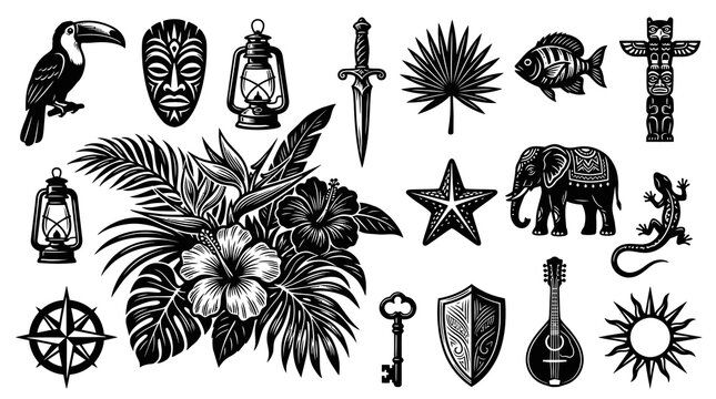Tribal Tattoo Set: Tropical Flowers, Exotic Animals, Polynesian Masks, and Tribal Symbols - Black and White Vector Art