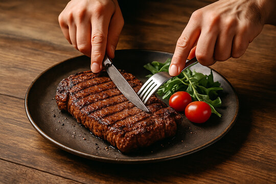 Men's hands holding knife and fork, cutting grilled steak stock photo 