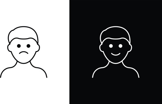 Customer satisfaction icon showing happy and sad emotions, Human emotion avatar set with smile and frown outline graphics, User feedback sentiment symbol design for reviews and surveys.