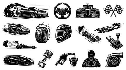 Fototapeta premium Black and White Racing Icons: Cars, Helmet, Flags, Turbo, Steering Wheel