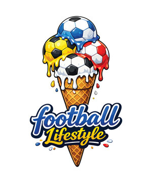 Football lifestyle ice cream cone vector illustration with melting colorful sports ball scoops