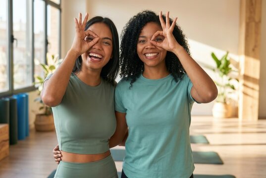 Two happy young women smiling, making ok gesture in a yoga studio