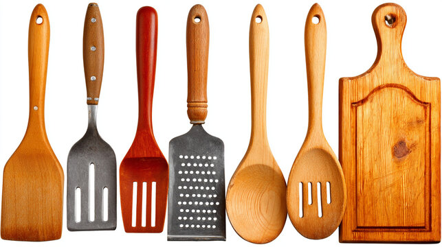Collection of various wooden and red kitchen utensils and a grater with kitchen tool