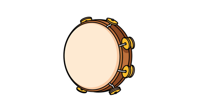 Simple cartoon illustration of a tambourine with a wooden frame and metal jingles, isolated on a white background.
