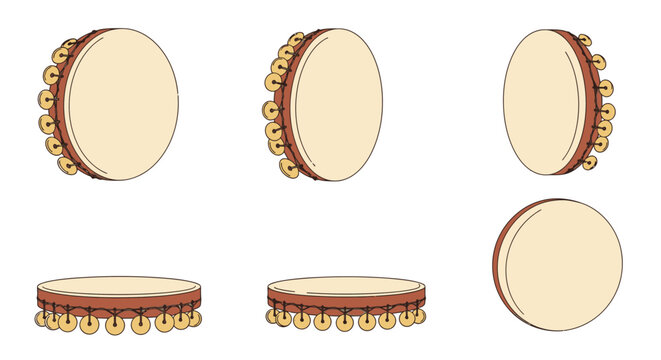 Set of tambourine illustrations from different angles and perspectives, isolated on white background