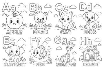 Obraz premium Kids Alphabet Coloring Worksheet A to Z, Learn Letters with Cute Animals, Printable Tracing Activity for Preschool Kindergarten, Black and White Line Art