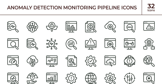 Anomaly detection monitoring pipeline icon set with analytics data tracking system line vector icons for web apps dashboards UI