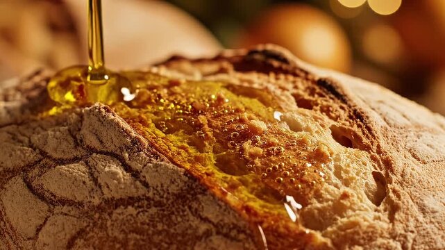 Slow motion close-up of olive oil drizzling over freshly baked bread, crispy texture visible, crumbs catching oil drops, warm cozy lighting, shallow depth of field, cinematic food storytelling