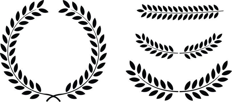Set of black laurel wreath and olive branch vector silhouettes including circular and curved leaf border designs isolated on white.