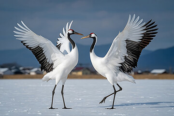 Obraz premium Two Majestic Cranes with Wings Spread, Graceful Bird Courtship Display