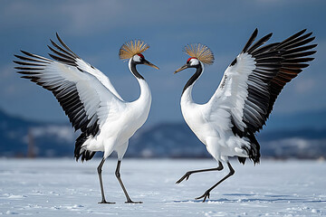 Obraz premium Pair of Red Crowned Cranes Dancing at Sunset, Elegant Wildlife in Natural Habitat