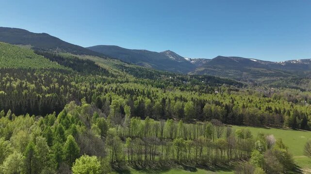 Aerial view of forest and meadows with snow capped peaks of Karkonosze Mountains Poland in spring