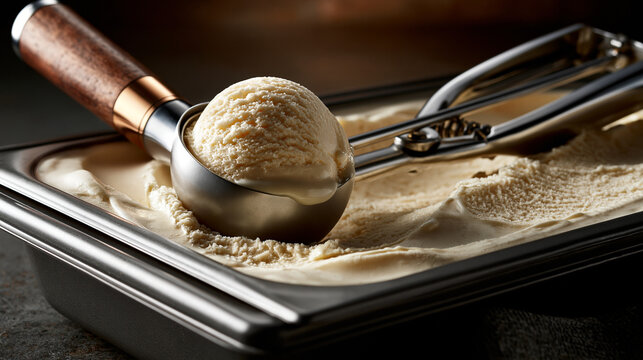 Scoop of vanilla ice cream in a metal tub with ice cream scoop food and drink frozen dessert