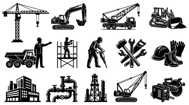 Construction Industry Black and White Silhouette Vector Icons Set. Heavy Machinery, Workers, Tools, Buildings, and Safety Gear Collection. Engineering Elements.
