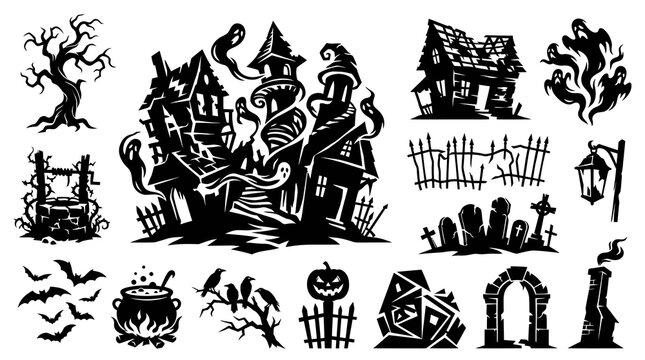 Halloween Spooky Vector Glyphs and Silhouettes Set. Creepy Haunted House, Tree, Bats, Gravestones, and Ghosts Collection for Horror Design.