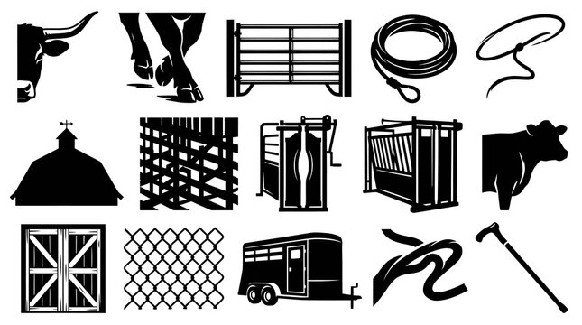 Black and White Farm and Ranch Icons: Bull, Barn, Trailer, Cattle Squeeze, Fence, Rope, Lasso, Cowboy Hat, Boots, Gate, Cow, Cane