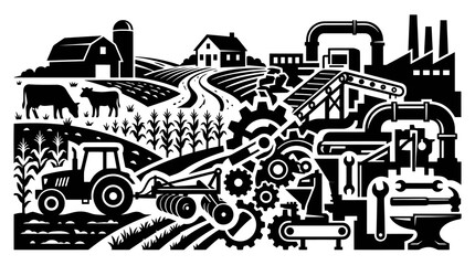 Obraz premium Black and White Vector Art of Agriculture and Industry: Tractor, Farm, Factory, Gears, Tools