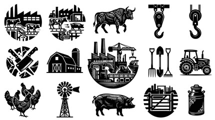 Fototapeta premium Farming and Agriculture Icons Set: Farm Animals, Machinery, Tools, and Barns in Black and White Vector Art