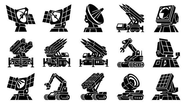Military technology vector icons: radar dishes, missile launchers, and combat robots in black and white glyph art style