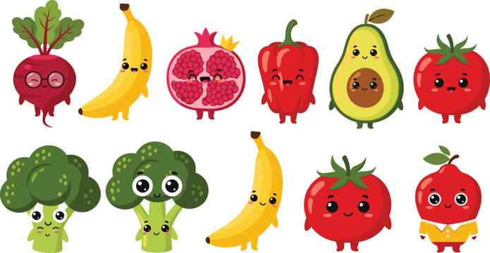 Set of Cute Kawaii Fruit and Vegetable Characters Including Banana, Broccoli, Avocado, Tomato, and Pomegranate with Funny Faces for Kids Education and Healthy Eating Designs
