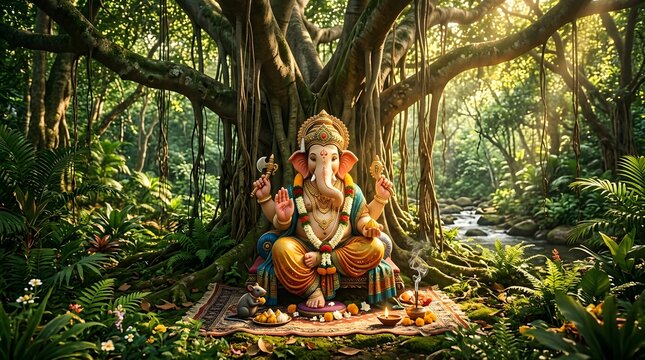 Lord Ganesha Sitting Under Banyan Tree in Lush Forest Spiritual Scene