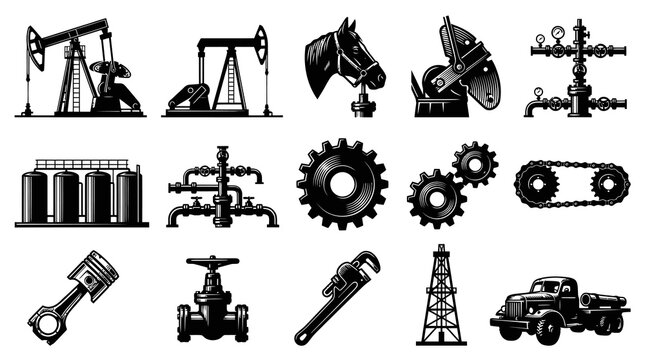 Vintage Engraving Style Black and White Industrial Elements Set: Oil  Gas Industry Equipment, Machinery, Tools, and Mechanical Components.