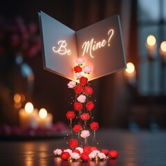 Naklejka premium Open Book with Falling Roses and Be Mine? Text, Romantic Valentine's Day Concept