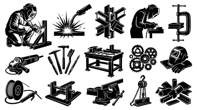 Black and White Vector Icons of Welding and Metalworking Tools and Equipment