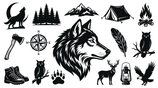 Black and white vector icons of camping, wilderness, and nature elements: wolf, owl, deer, fire, tent, axe, boots, mountains, compass, feather, lantern, eagle