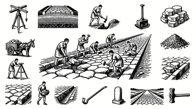 Black and White Engraving: Ancient Roman Road Construction Process, Workers, Tools, and Infrastructure Building - Historical Engineering Line Art